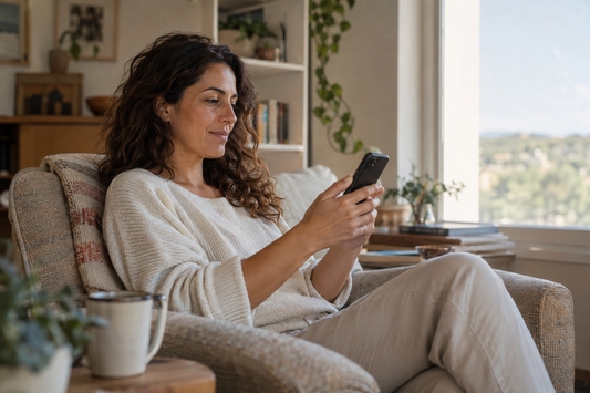 Žena odpočívá v křesle a drží před sebou mobilní telefon.